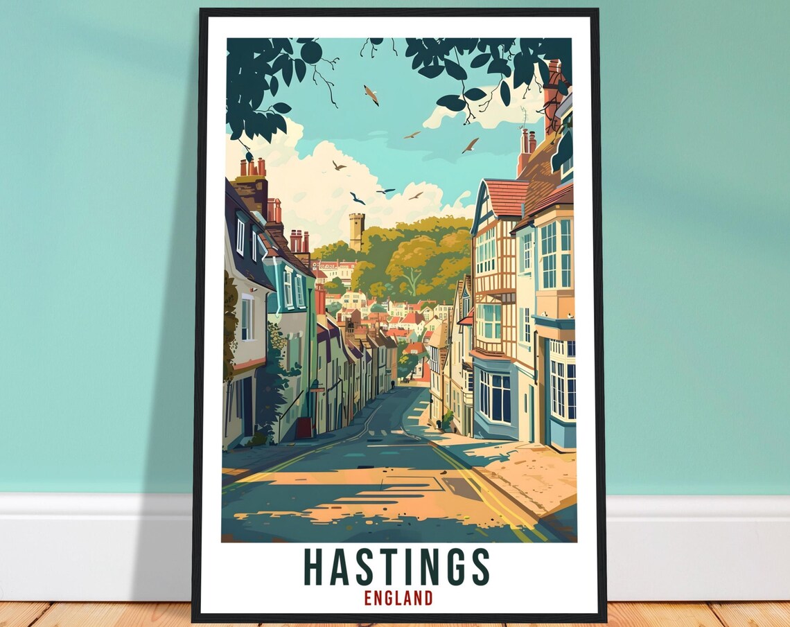 Hastings England Old Town Narrow Street Historic Travel Poster