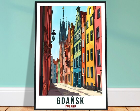 Gdansk Poland Colorful Old Street Tall Houses Illustration Vintage Poster