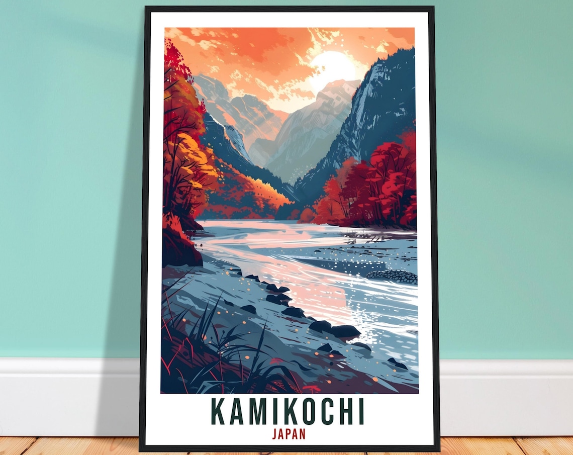 Kamikochi Japan Autumn River Valley Mountain Sunset Travel Poster