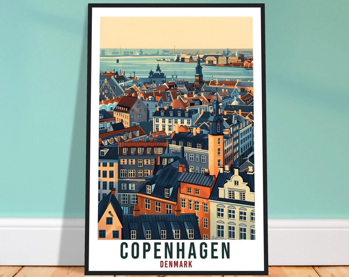 Copenhagen Harbor Rooftops Evening Glow Denmark Travel Poster