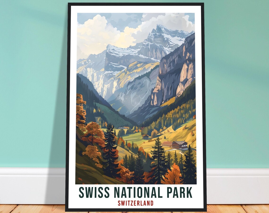 Swiss National Park Alpine Valley Chalets Autumn Pines Travel Poster