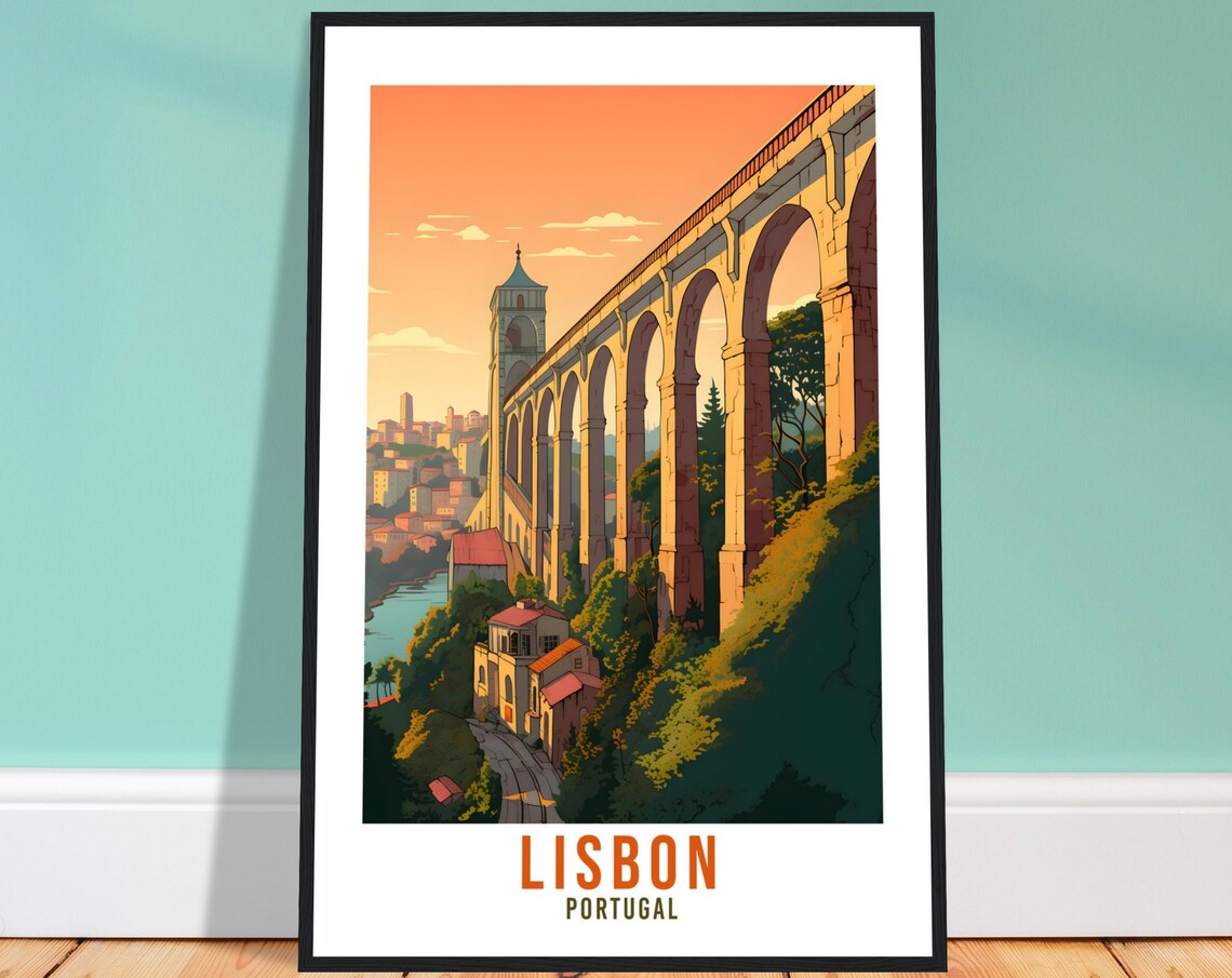 Lisbon Portugal Aqueduct Sunset Arches River View Historic Poster