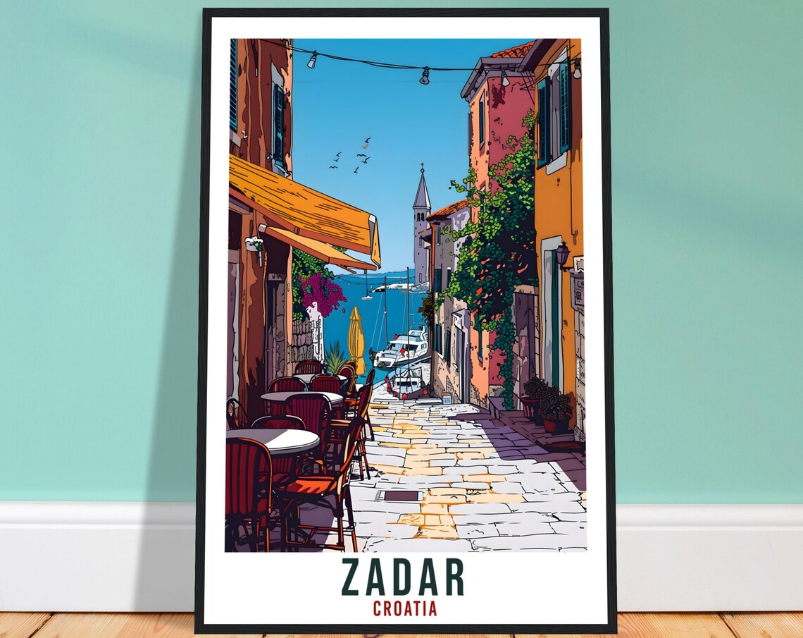 Zadar Croatia Vintage Travel Poster Seaside Alley Cafe Scene