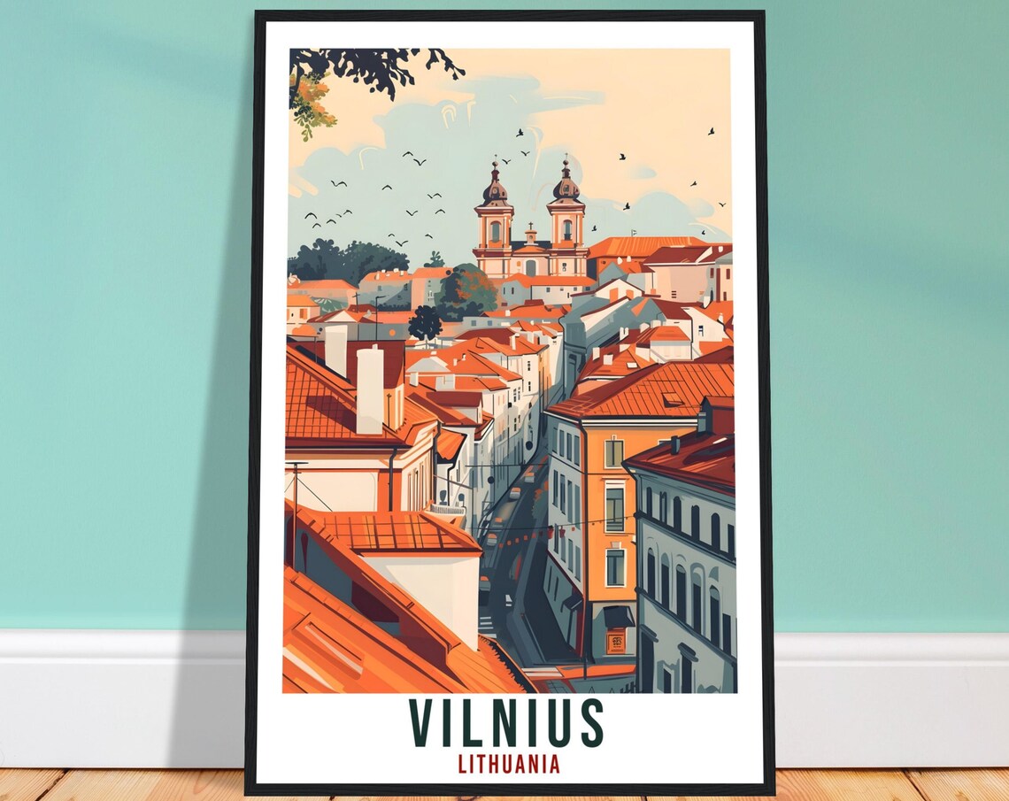 Vilnius Lithuania Old Town Rooftops Twin Towers Vintage Travel Poster