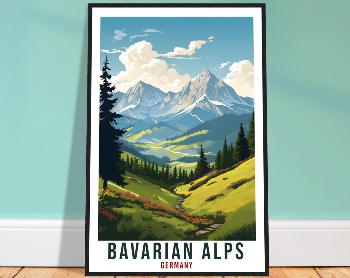 Bavarian Alps Germany Mountain Meadow Pines Vintage Travel Poster