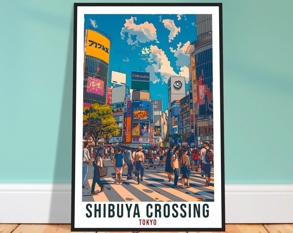 Shibuya Crossing Tokyo Busy Street Neon Billboards Travel Poster