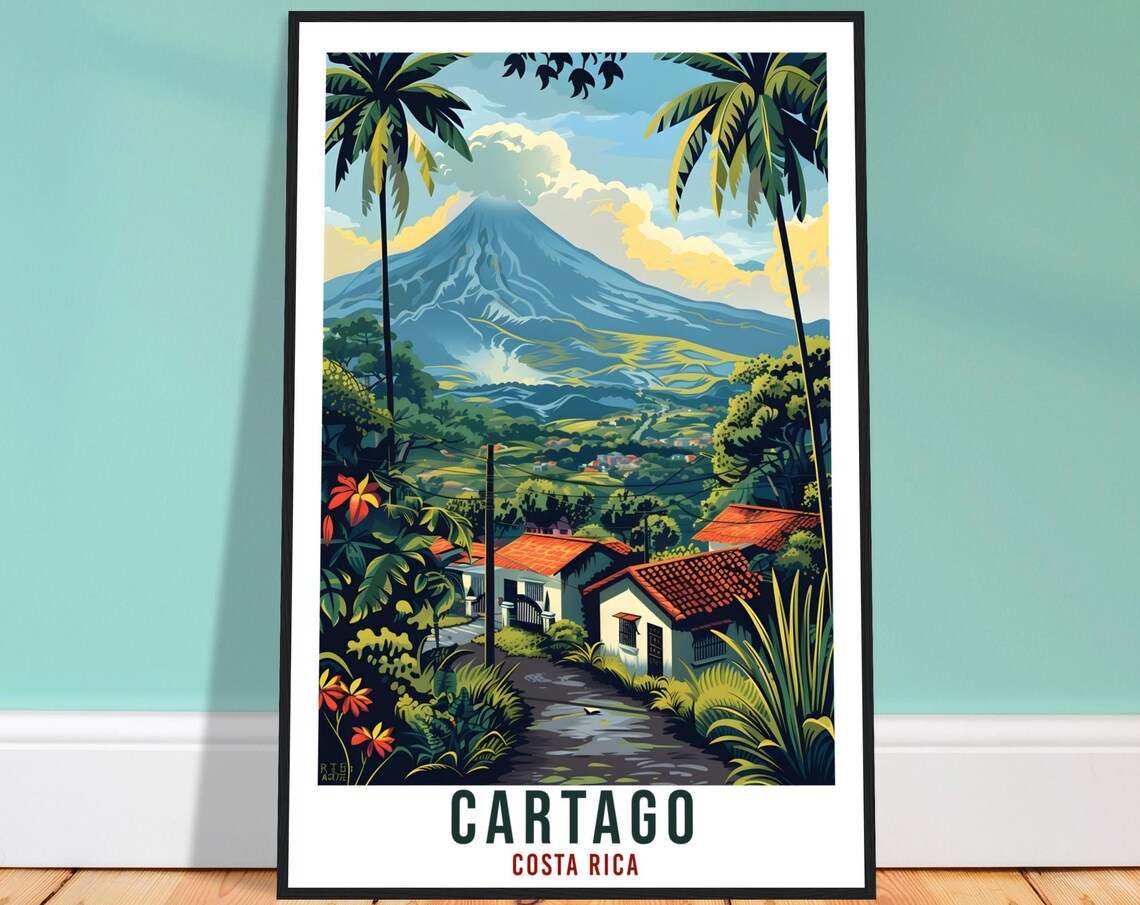 Cartago Costa Rica Volcano Palm Village Tropical Travel Poster