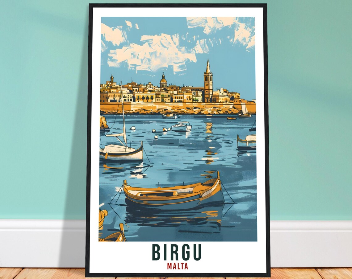 Birgu Malta Harbor Boats Old Town Waterfront Vintage Travel Poster