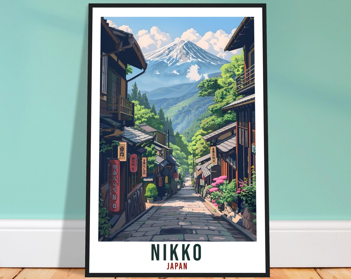 Nikko Japan Stone Street Mount Fuji Traditional Travel Poster