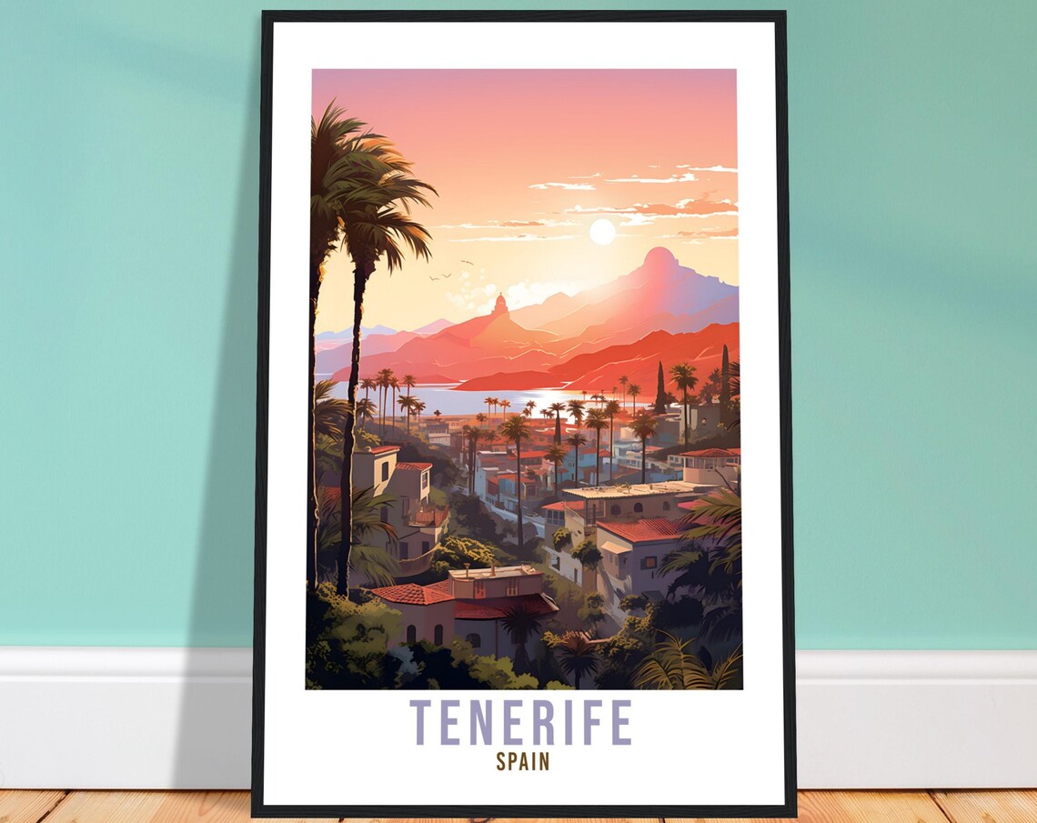 Tenerife Spain Sunset Coast Palms Volcano View Scenic Travel Poster