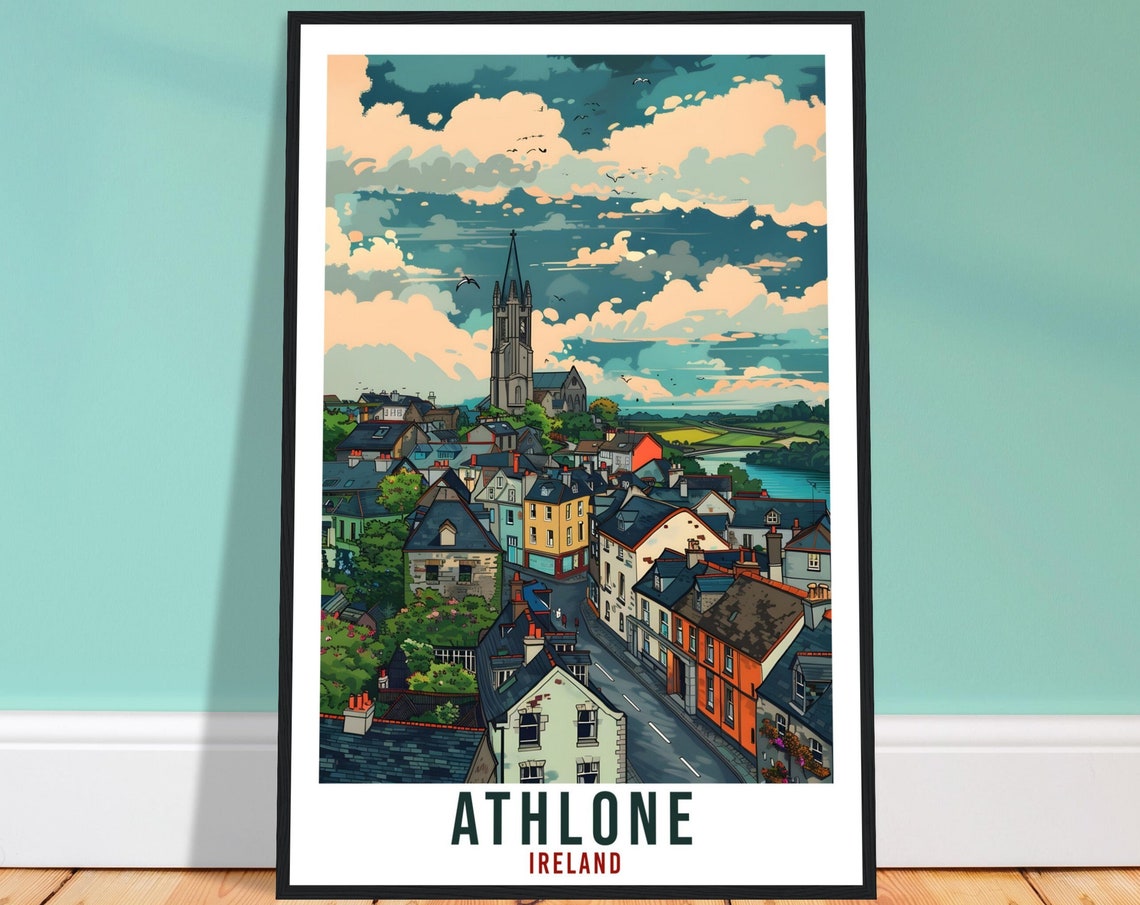 Athlone Ireland Charming Colorful Town Rooftops Travel Poster
