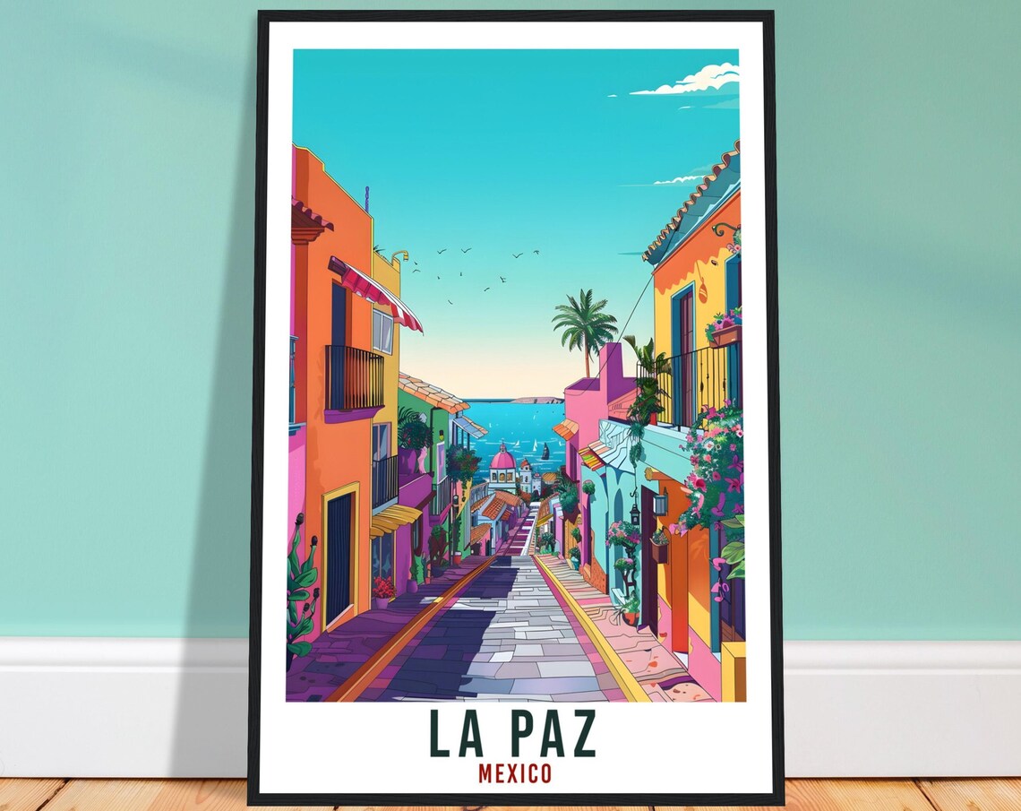 La Paz Mexico Baja Street Colorful Buildings Sea View Palm Balcony Poster