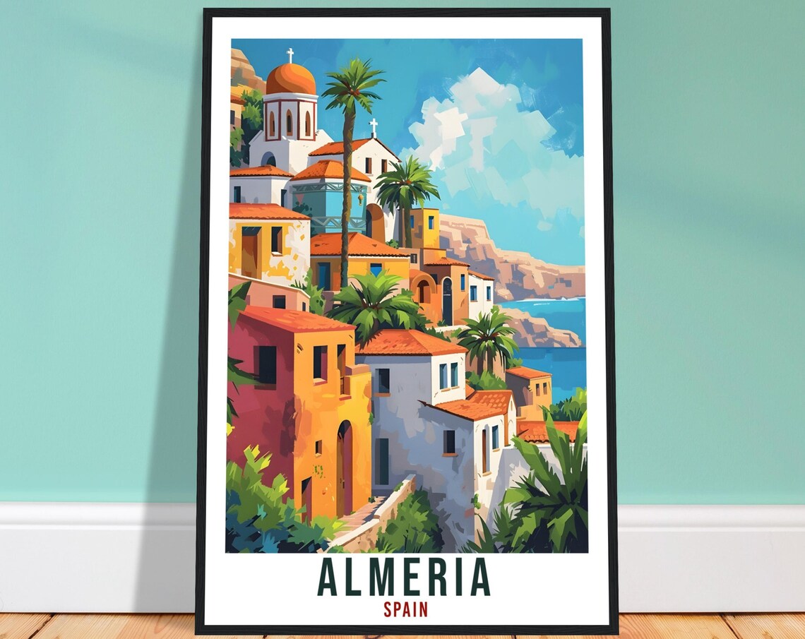 Almeria Spain Sunlit Church Tower Among Palms Coastal Travel Poster