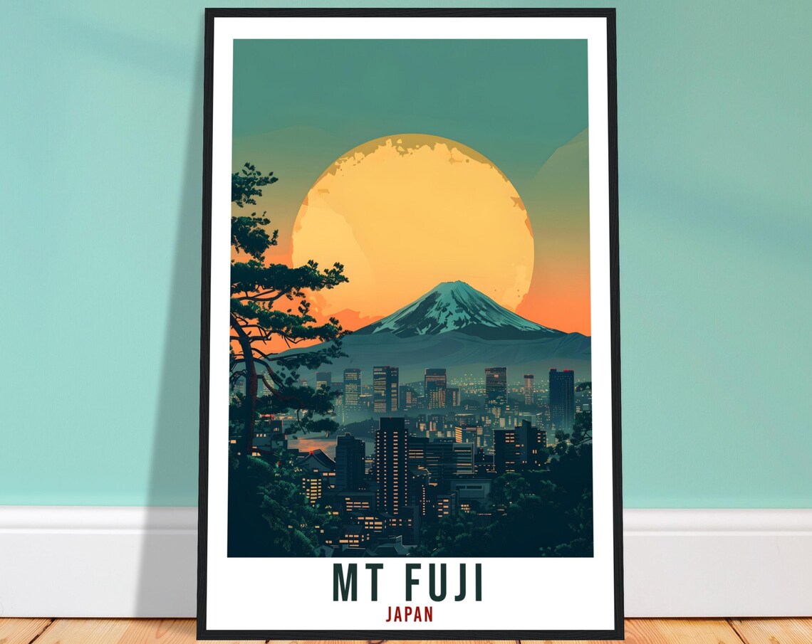 Mount Fuji Japan Giant Moon City Lights Night Sky Travel Poster