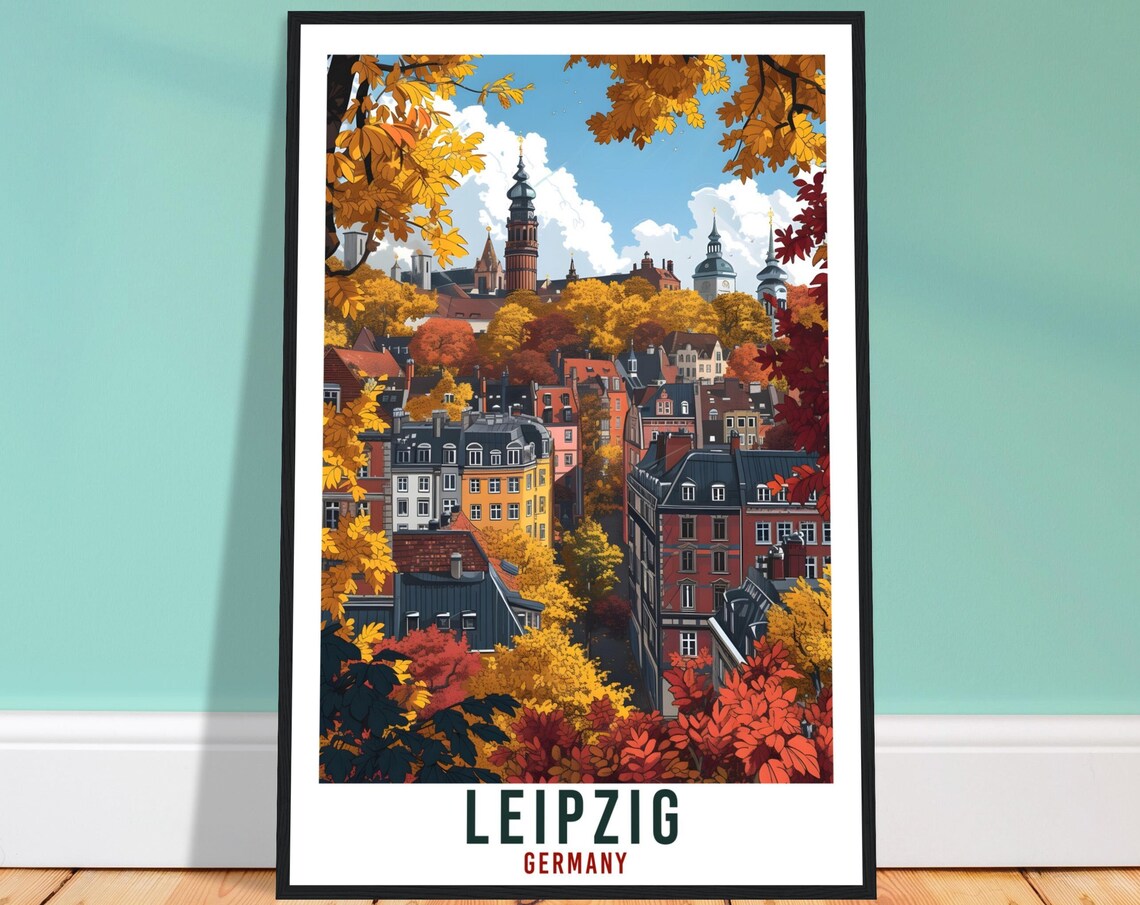 Leipzig Germany Autumn Old Town Skyline Vintage Travel Poster