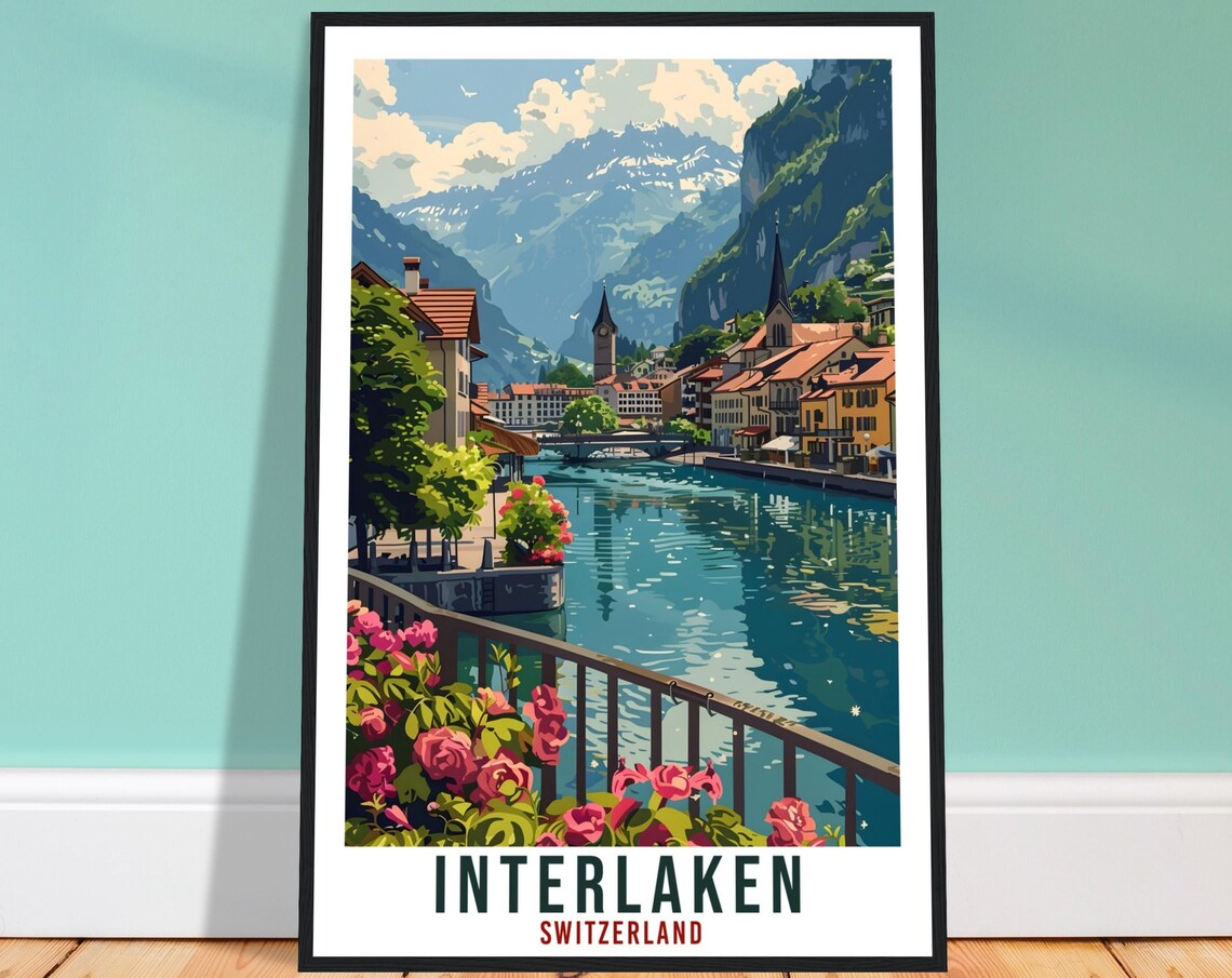 Interlaken Switzerland Lakeside Town Vintage Alpine Travel Poster