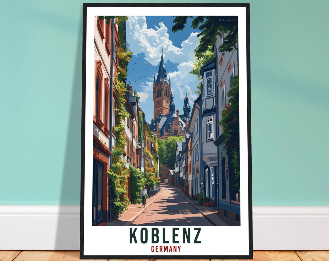 Koblenz Germany Old Town Church Tower Cobblestone Street Poster