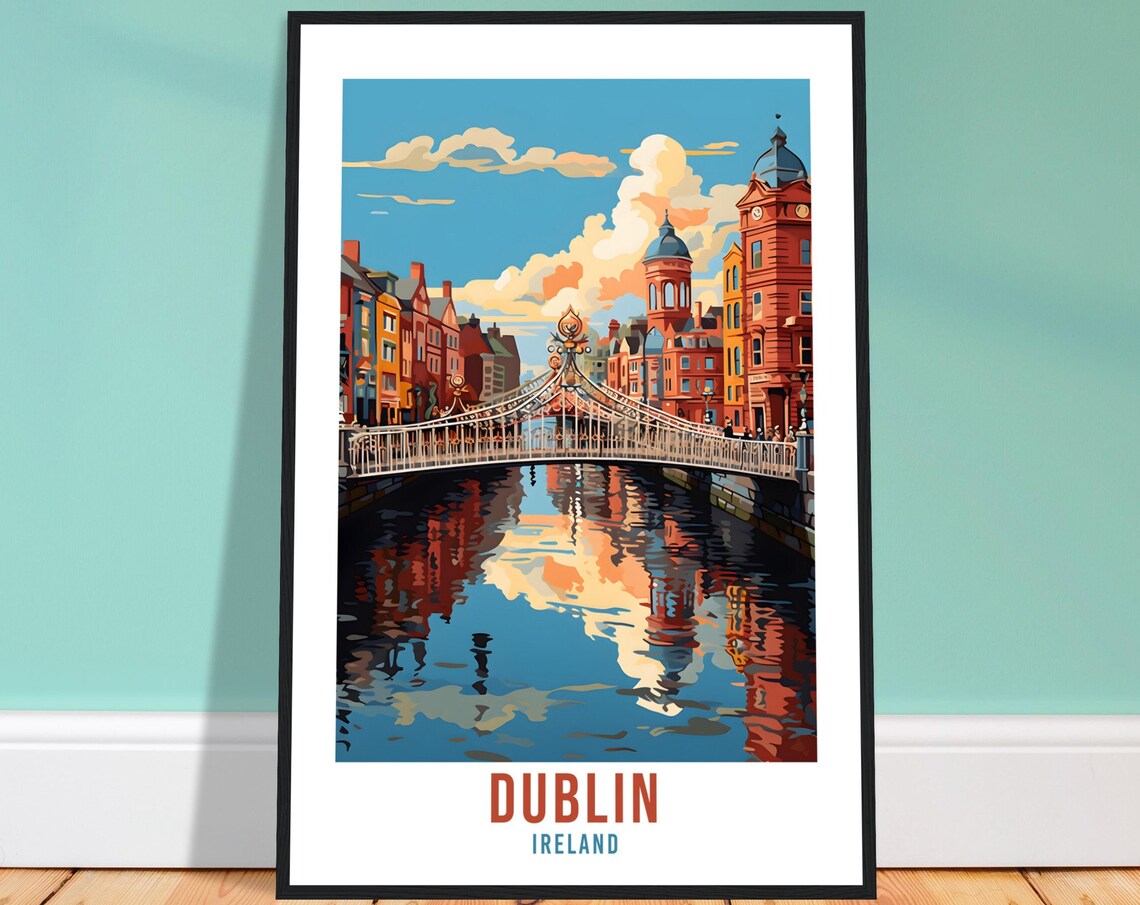 Dublin Ireland Ha'penny Bridge River Liffey Retro Travel Poster