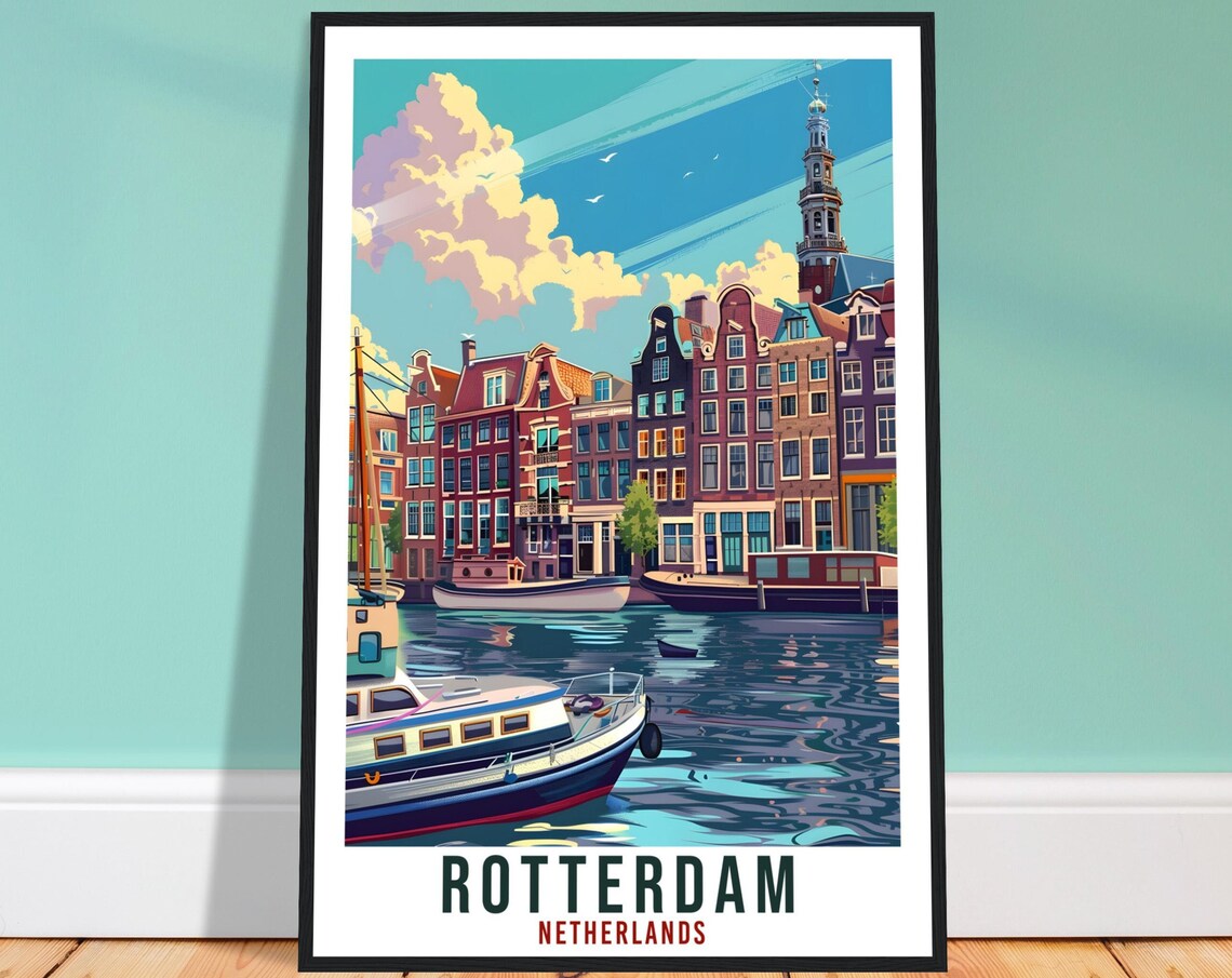 Rotterdam Netherlands Historic Waterfront Boats Vintage Travel Poster