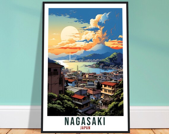 Nagasaki Japan Harbor Sunset City Hillside View Travel Poster