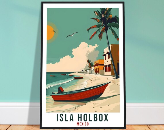 Isla Holbox Mexico Sandy Beach Fishing Boats Palm Shore Sunset Scene Poster