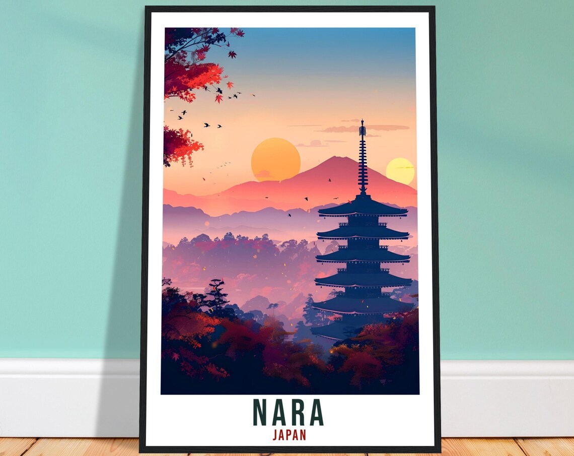 Nara Japan Five Story Pagoda Sunrise Maple Leaves Travel Poster