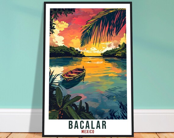 Bacalar Mexico Lagoon of Seven Colors Sunset Boat Travel Poster