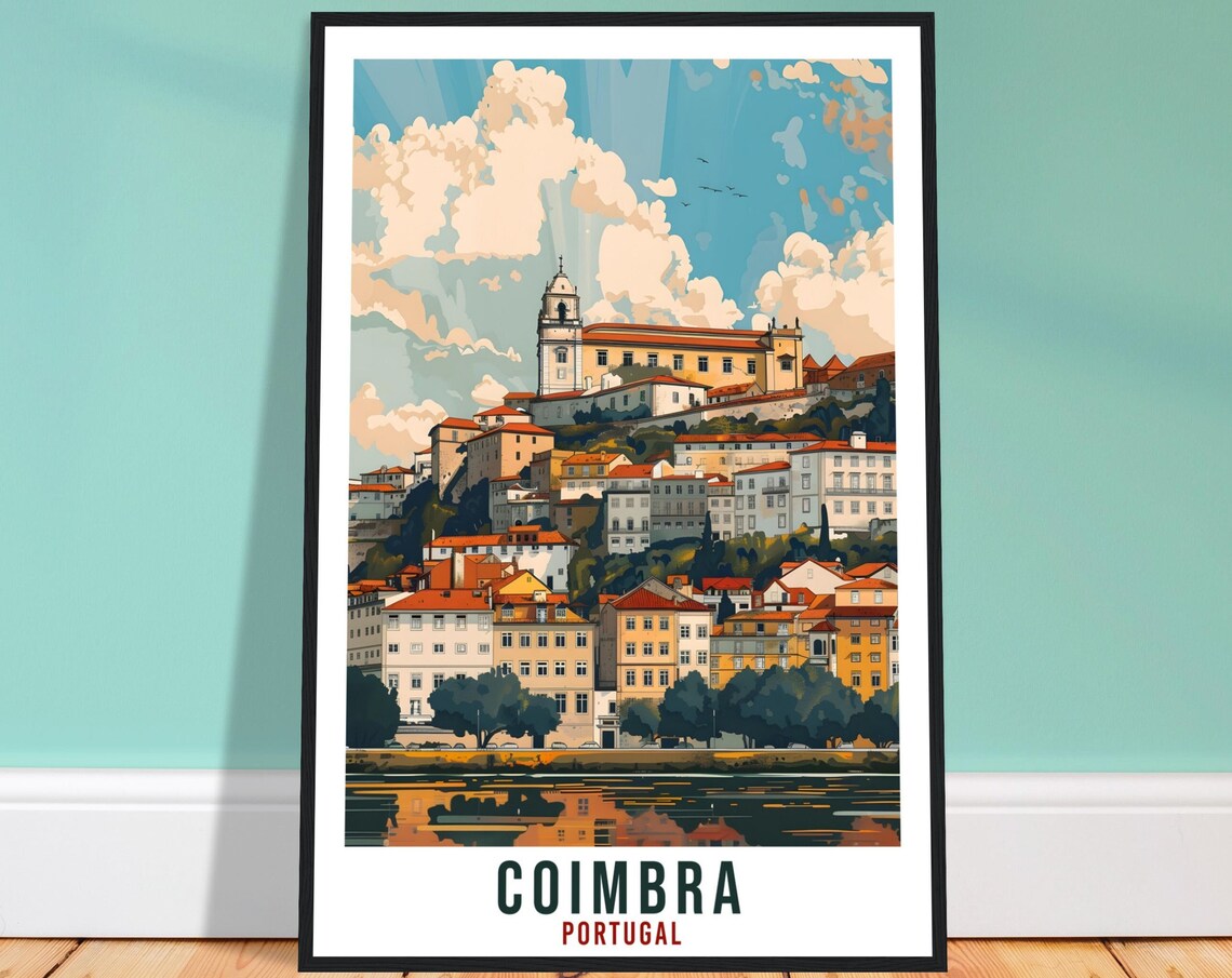 Coimbra Portugal Hilltop Old Town River View Vintage Travel Poster