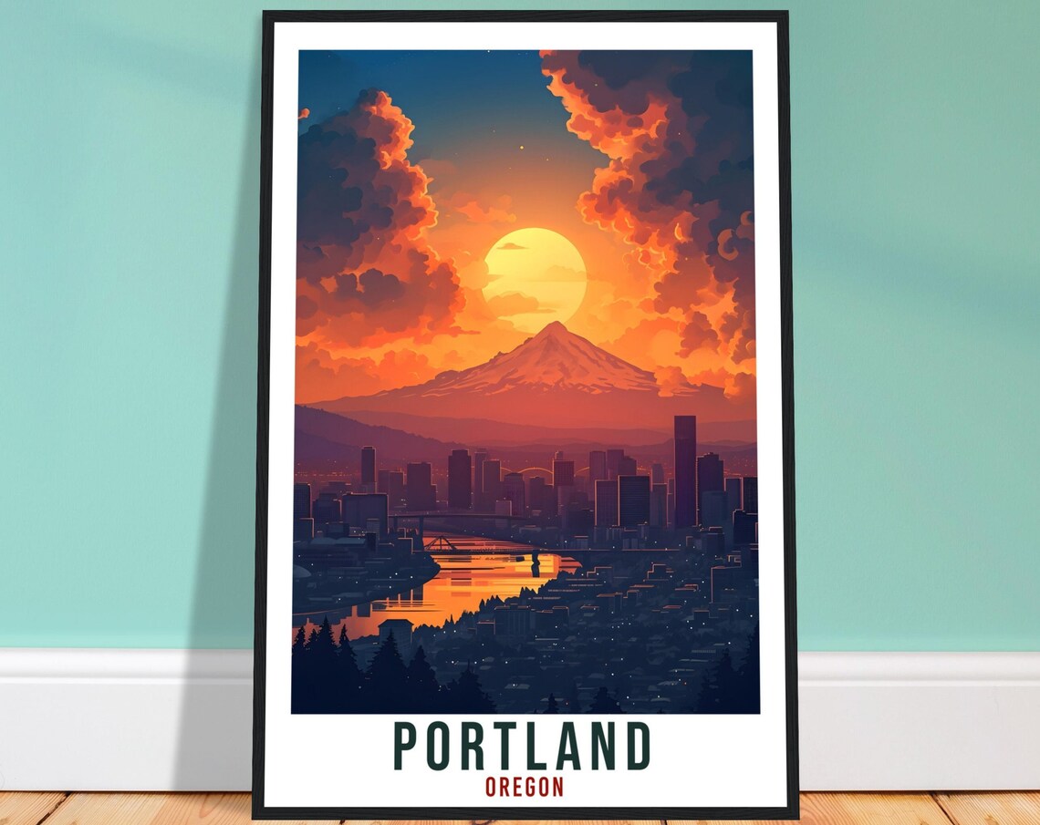 Portland Oregon Skyline Sunset Mount Hood Mountain Scenic Poster