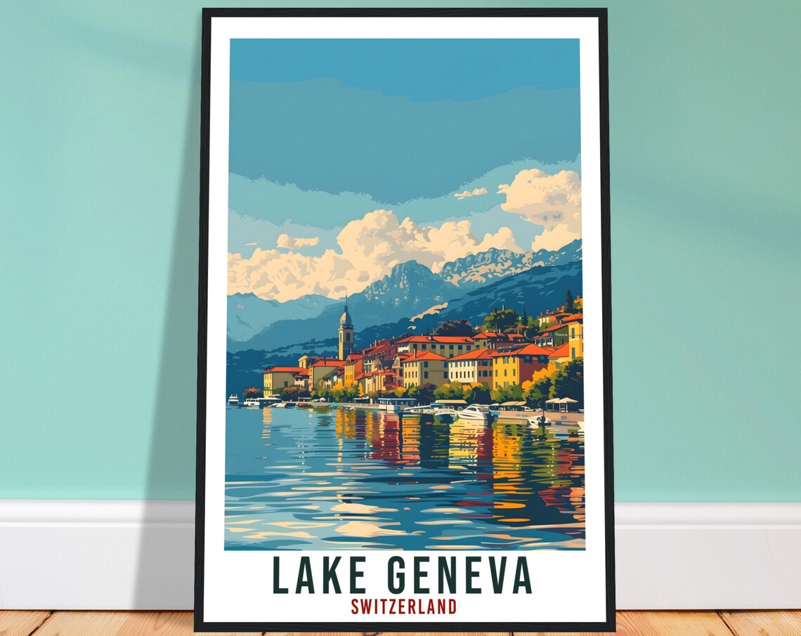 Lake Geneva Switzerland Lakeside Village Boat Reflections Poster