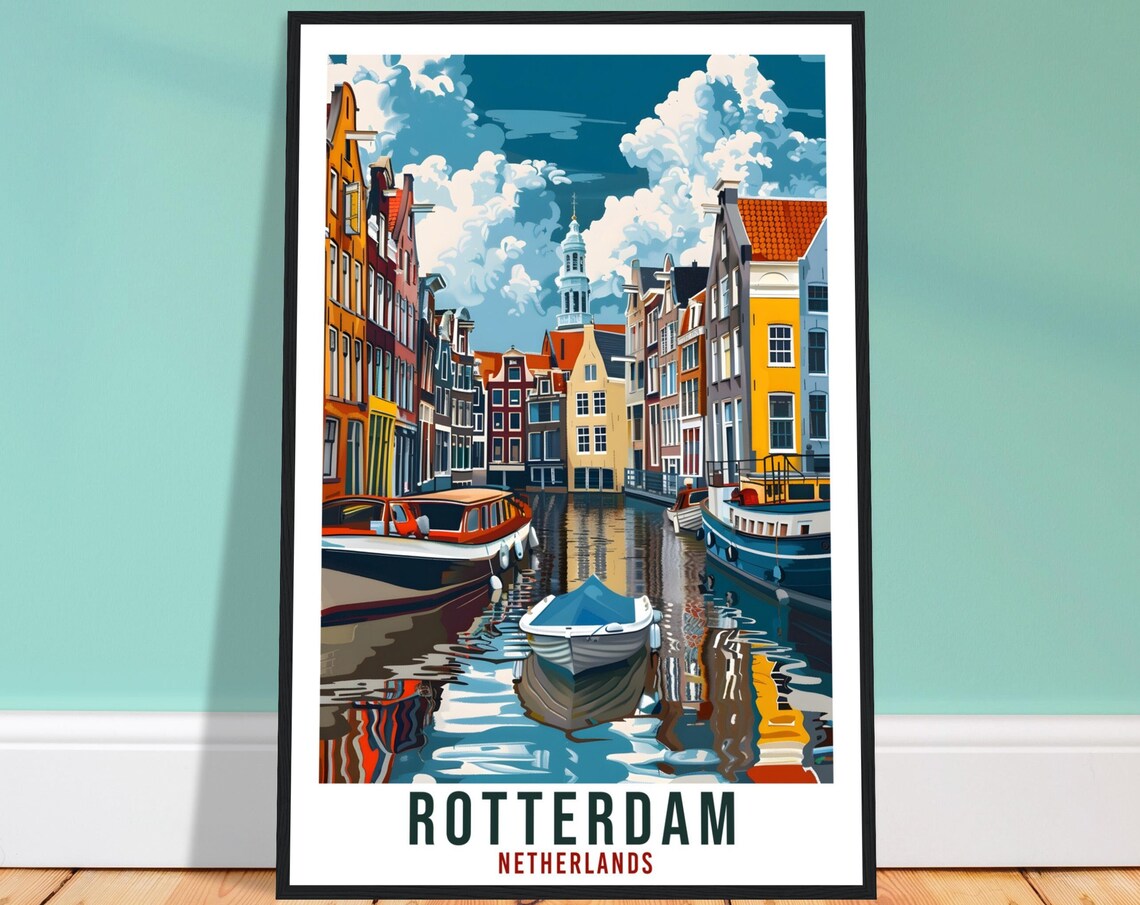 Rotterdam Netherlands Colorful Canal Boats Old Port Travel Poster