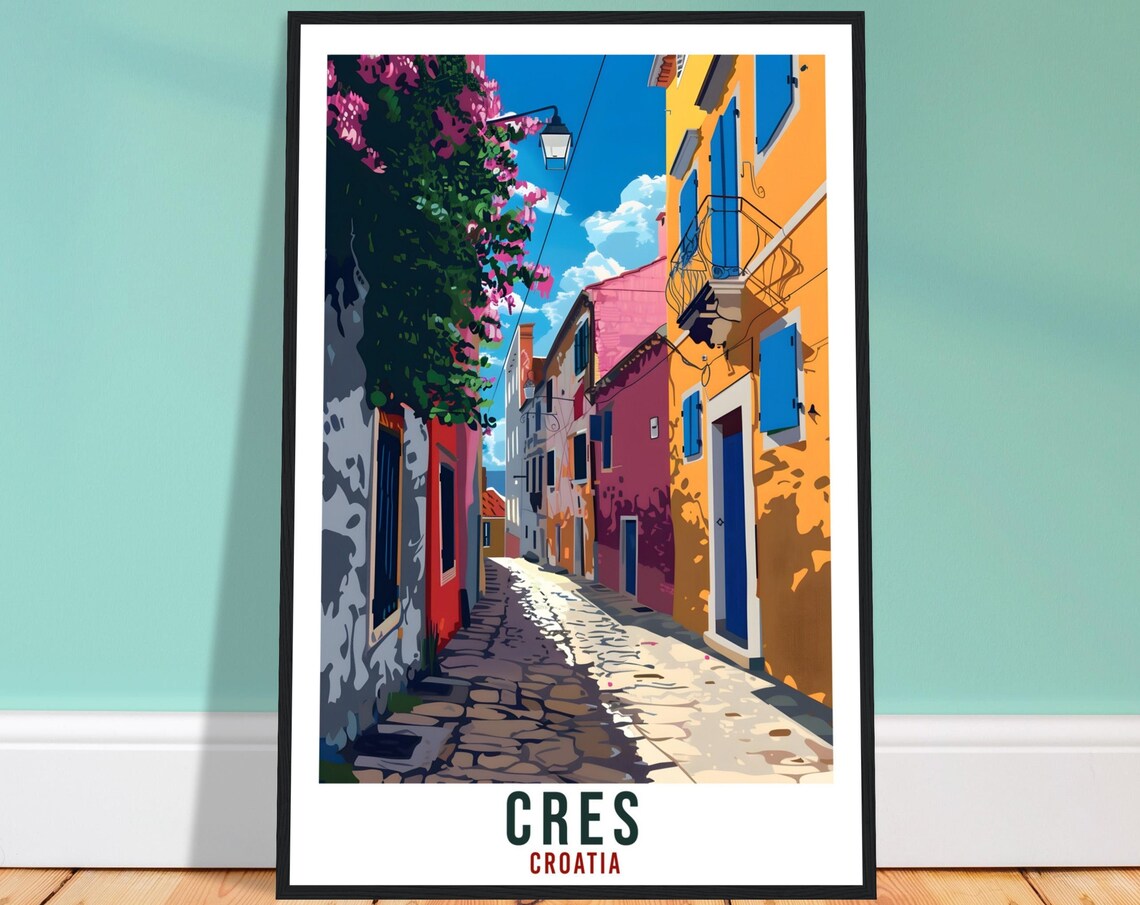 Cres Island Croatia Colorful Old Town Street Scene Travel Poster