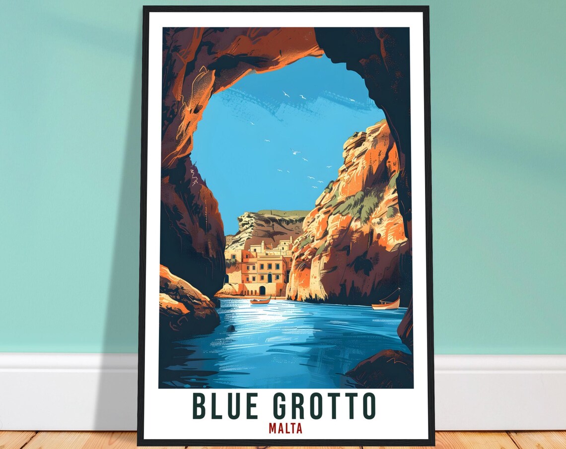 Blue Grotto Malta Sea Cave Vintage Travel Illustration Poster