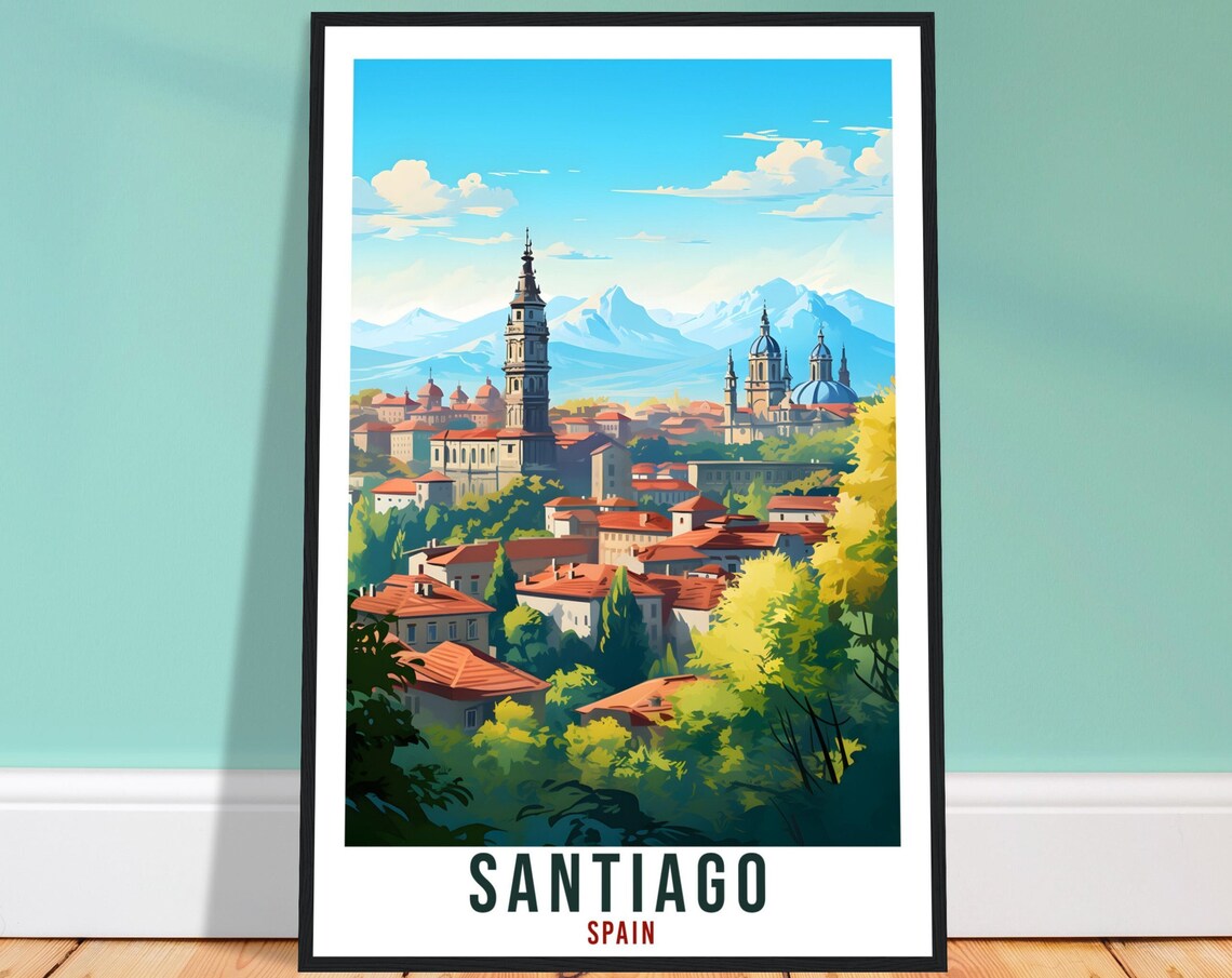 Santiago Spain Historic Cathedral Cityscape Vintage Travel Poster
