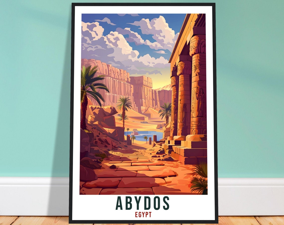 Abydos Egypt Ancient Temple Columns Hieroglyphs Desert Travel Poster
