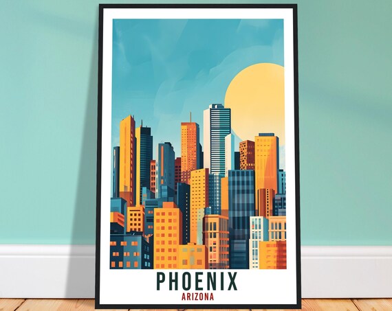 Phoenix Arizona Desert City Skyline Big Sun Modern Travel Poster