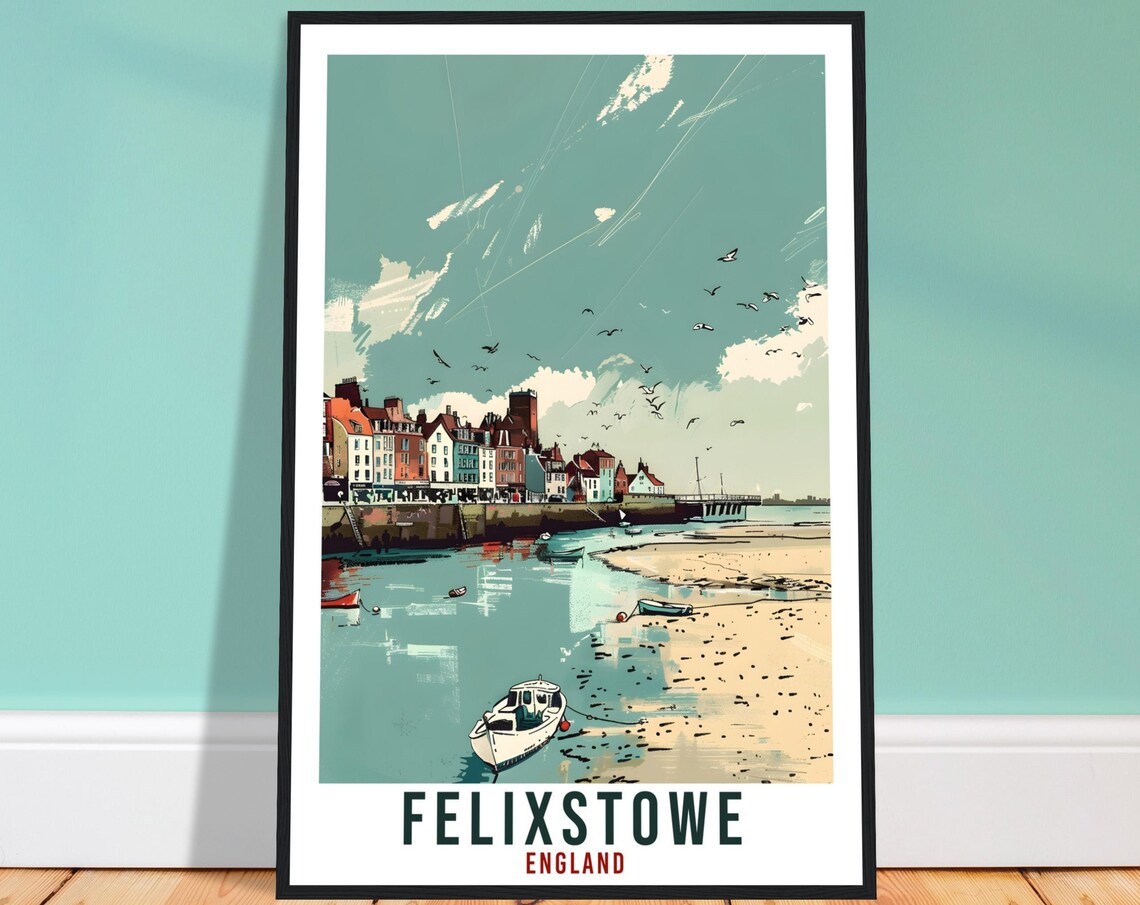 Felixstowe England Fishing Boats Beach Low Tide Travel Poster