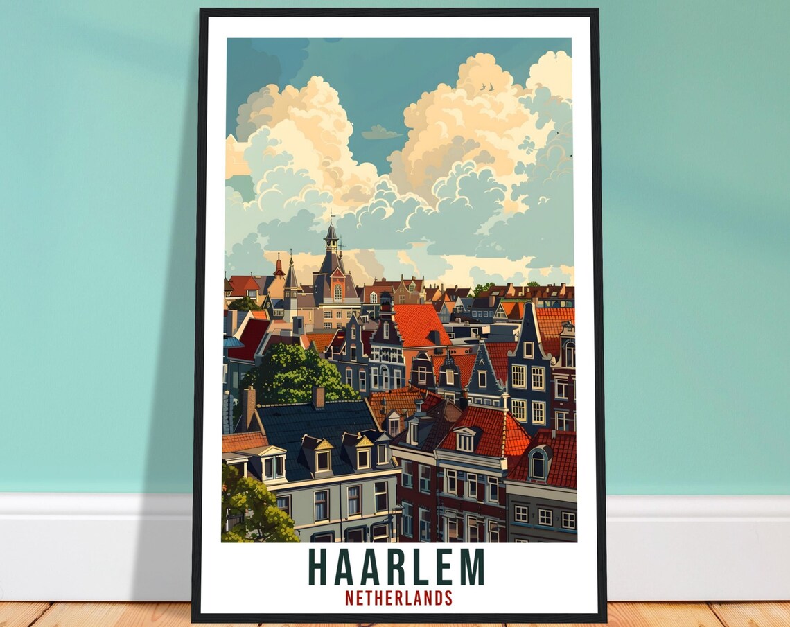 Haarlem Netherlands Red Rooftops Church Tower Vintage Travel Poster