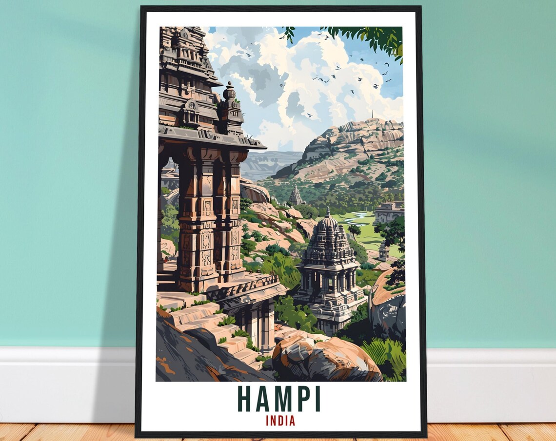 Hampi India Ancient Temple Ruins Rocky Hills Vintage Travel Poster