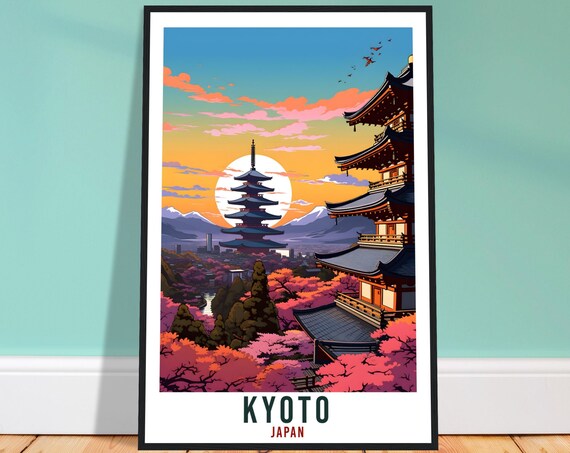Kyoto Japan Cherry Blossom Pagoda Sunset Vintage Travel Poster