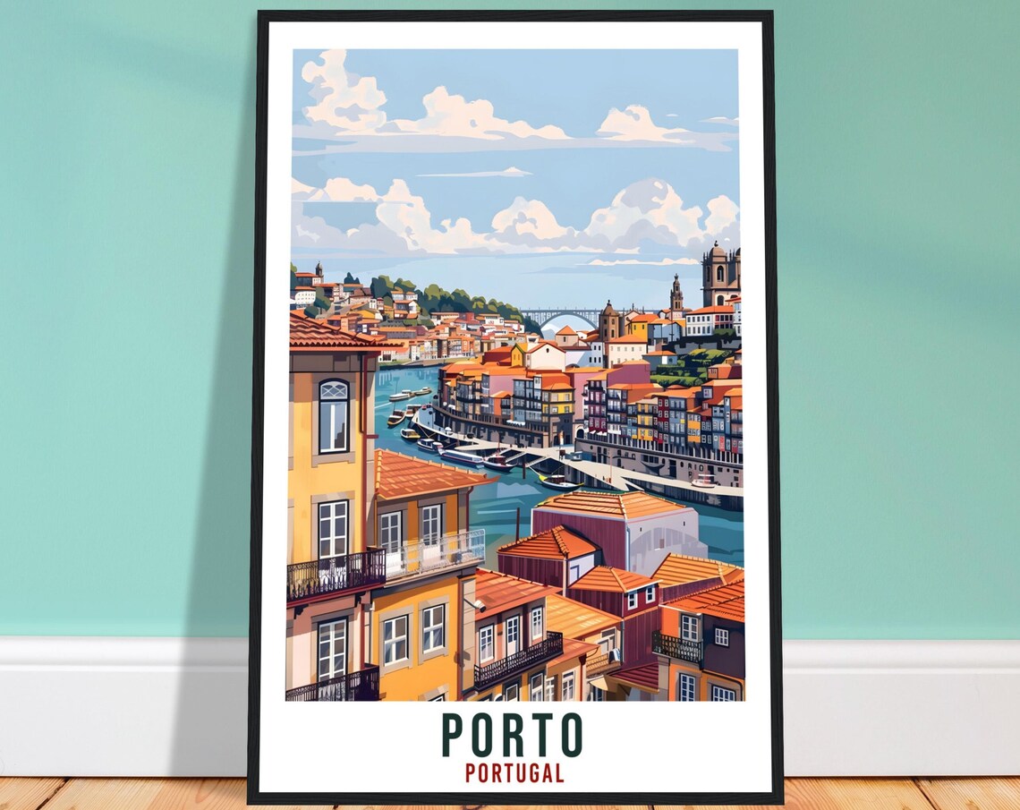 Porto Portugal Douro River Riverside Houses Vintage Travel Poster Art