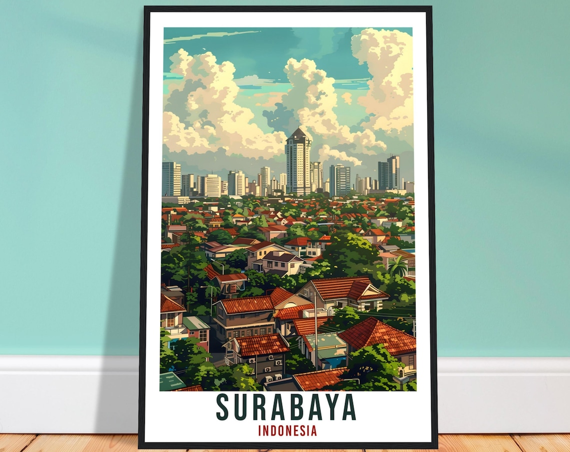 Surabaya Indonesia City Skyline Over Red Rooftops Travel Poster