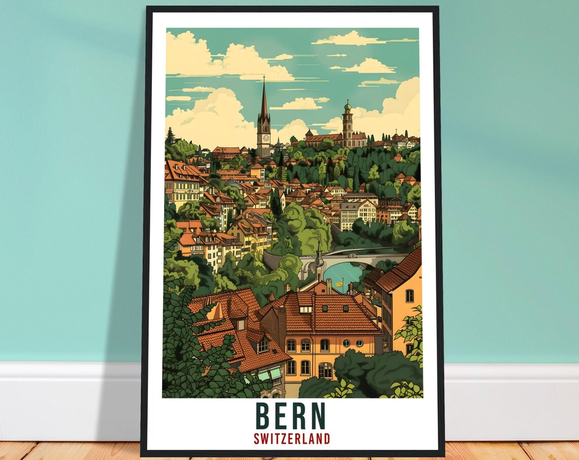 Bern Switzerland Old Town Spire Rooftops Green Hills Travel Poster