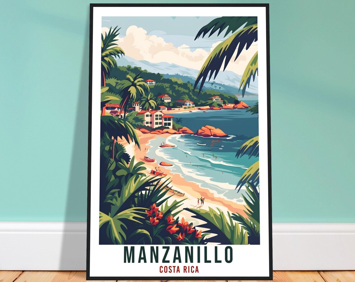 Manzanillo Costa Rica Tropical Beach Cove Vintage Travel Poster