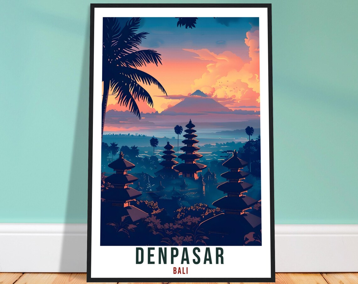 Denpasar Bali Temple Silhouette Sunset Mountain View Travel Poster