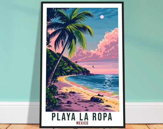 Playa La Ropa Mexico Sunset Beach Retro Palm Cove Travel Poster