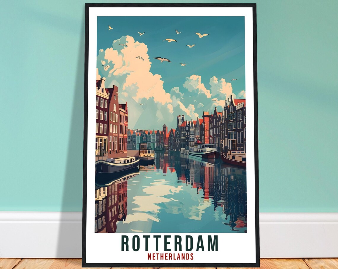 Rotterdam Netherlands Canal Houses Vintage Travel Poster Holland Art
