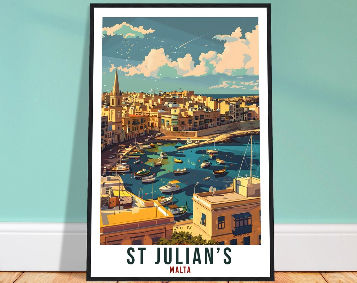 Saint Julians Malta Harbor Boats Church Spire Retro Travel Poster