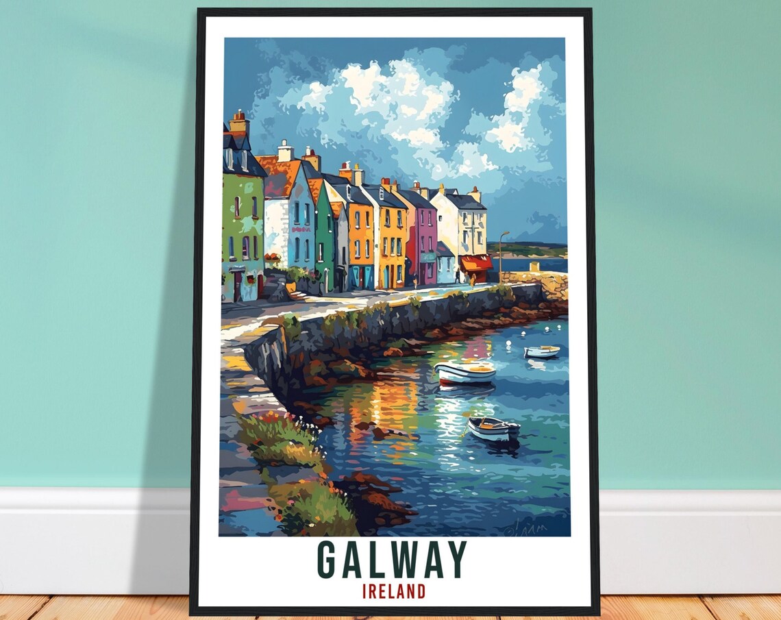 Galway Ireland Travel Poster Colorful Harbor Boats Coastal Artwork