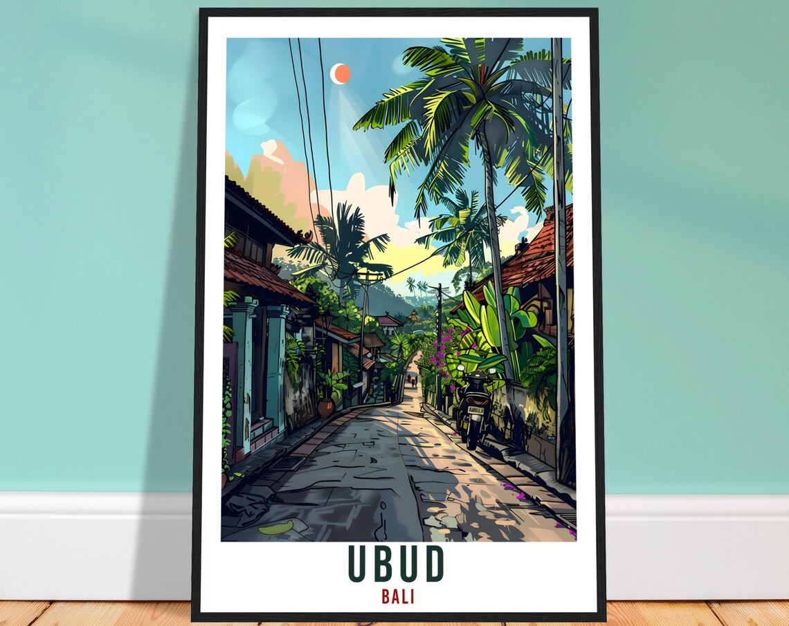 Ubud Bali Tropical Palm Street With Scooter Retro Travel Poster